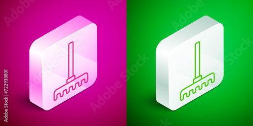 Isometric line Garden rake icon isolated on pink and green background. Tool for horticulture, agriculture, farming. Ground cultivator. Housekeeping equipment. Silver square button. Vector