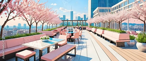 Open air cafe with cityscape view. Cherry blossoms. National holiday of Japan - Hanami. View from the terrace of a city cafe - AI illustration