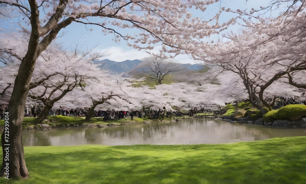 Spring tranquility in a traditional Japanese garden with cherry blossoms reflected in a quiet pond background. Extra wide banner.AI illustration.