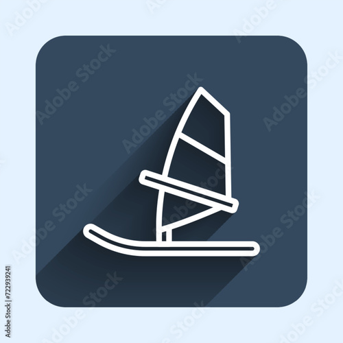 White line Windsurfing icon isolated with long shadow background. Blue square button. Vector