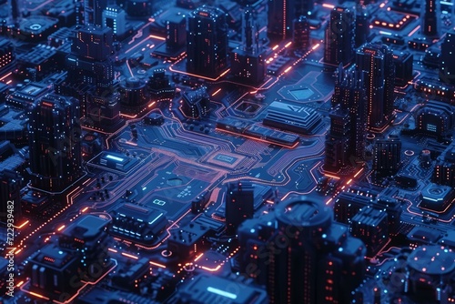 A glowing blue and red circuit board city