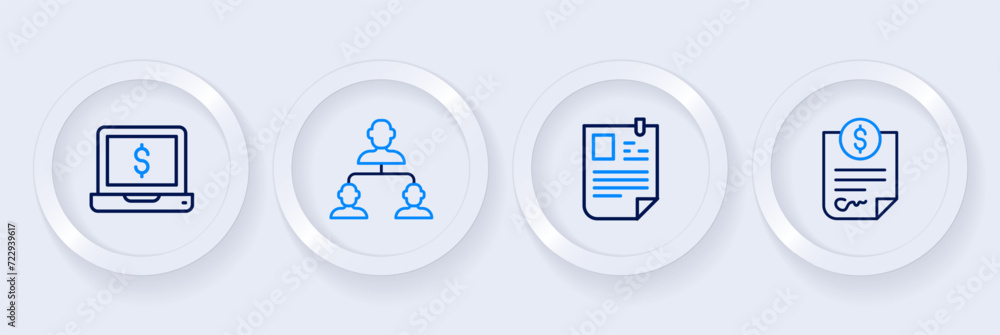 Set line Contract money, Resume, Employee hierarchy and Laptop with dollar icon. Vector Set line Contract money, Resume, Employee hierarchy and Laptop with dollar icon. Vector