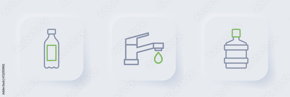 Set line Big bottle with clean water, Water tap and Bottle of icon. Vector Set line Big bottle with clean water, Water tap and Bottle of icon. Vector
