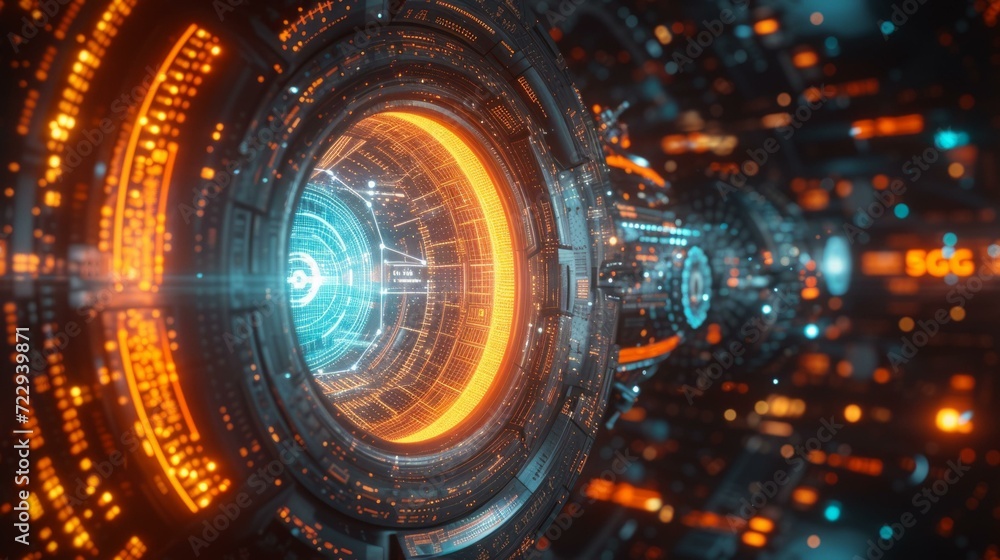 Futuristic spaceship engine glowing with blue and orange lights
