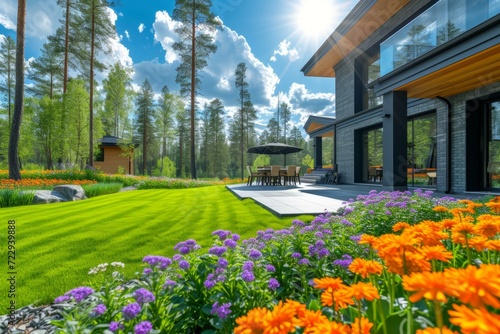 Modern house with beautiful landscape and flowers