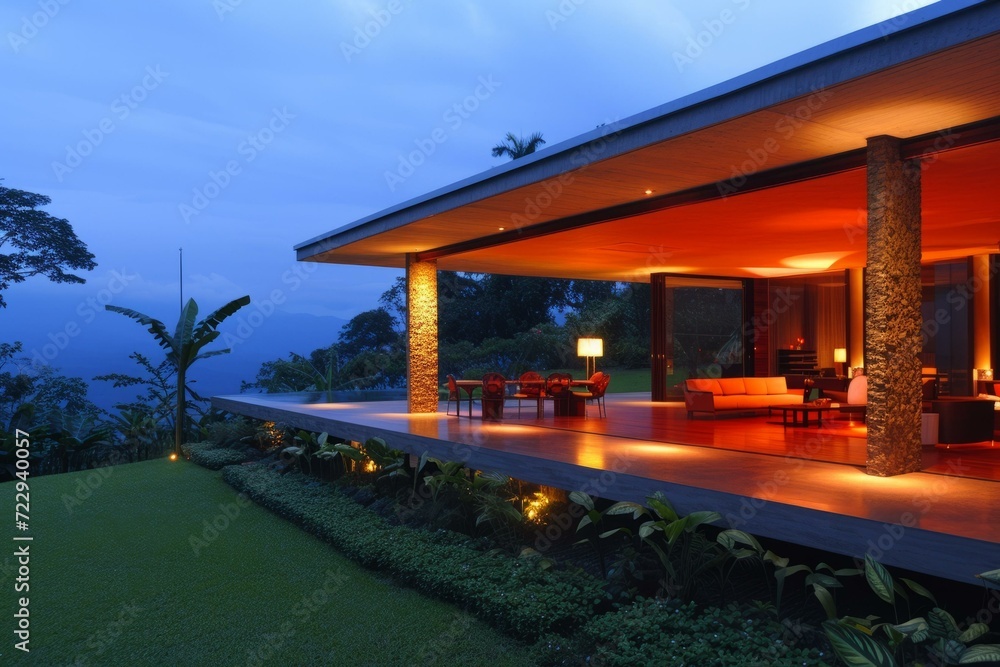 Modern house exterior with large terrace and amazing view