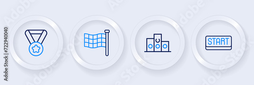 Set line Ribbon in finishing line, Award over sports winner podium, Checkered flag and Medal icon. Vector