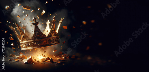 Shattering golden royalty queen crown. Blasting fiery background. Isolated black background with copy space. Fantasy exploding medieval crown. Rise and fall of an empire. Dynasty downfall.  photo