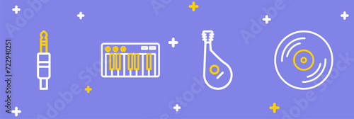 Set line Vinyl disk, Bandura, Music synthesizer and Audio jack icon. Vector