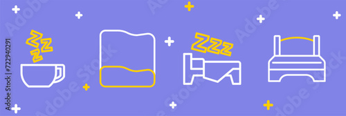 Set line Big bed, Time to sleep, Pillow and Chamomile tea icon. Vector
