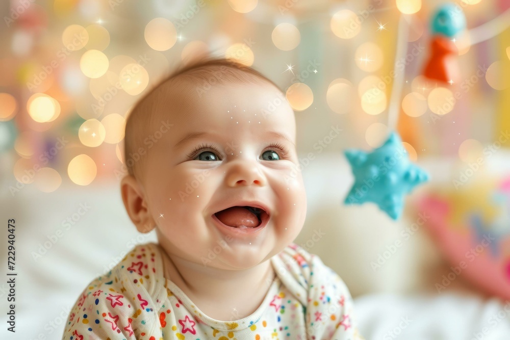 An adorable baby is sitting on a bed and looking up at a colorful mobile. An adorable baby is sitting on a bed and looking up at a colorful mobile.