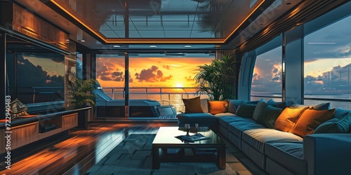 luxury interior of a contemporary design of a living room or space inside a yacht or a sea view terrace apartment for interior design or tourism trip cruise, Generative AI photo
