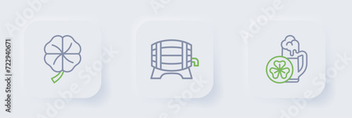 Set line Glass of beer, Wooden barrel on rack and Four leaf clover icon. Vector
