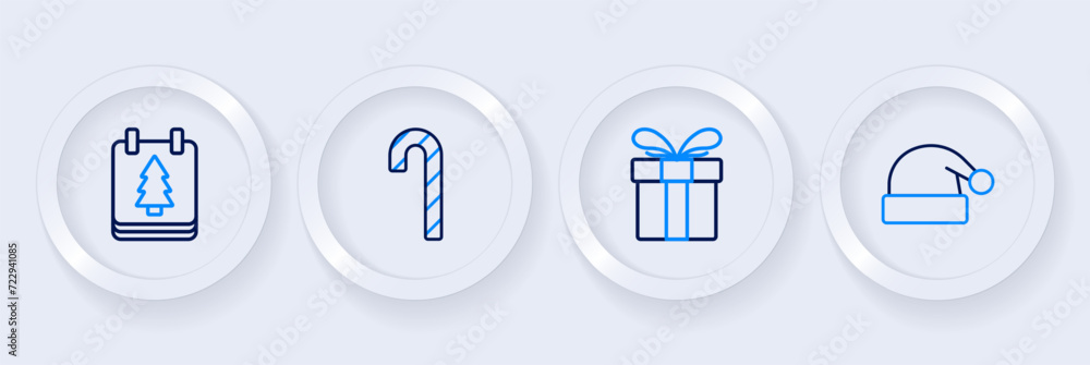 Set line Christmas Santa Claus hat, Gift box, Candy cane with stripes and day calendar icon. Vector Set line Christmas Santa Claus hat, Gift box, Candy cane with stripes and day calendar icon. Vector