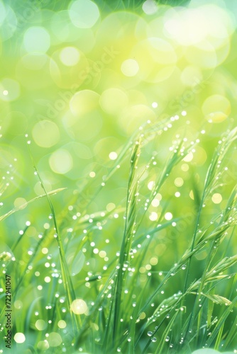 Close-up of green grass with dew drops and a blurred background