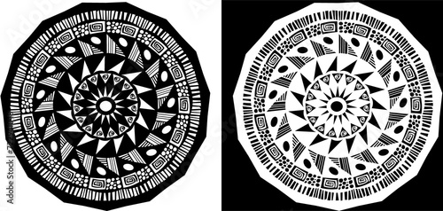 A black and white image of a circular design on a black and white background. Black and white mandala in vector on black and white background 