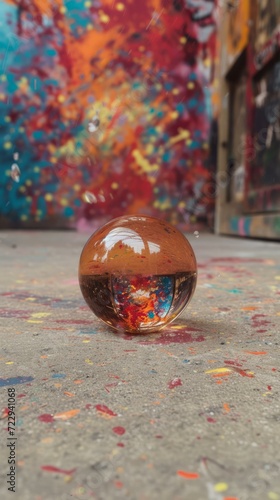 A glass ball sits on the ground in front of a colorful mural.
