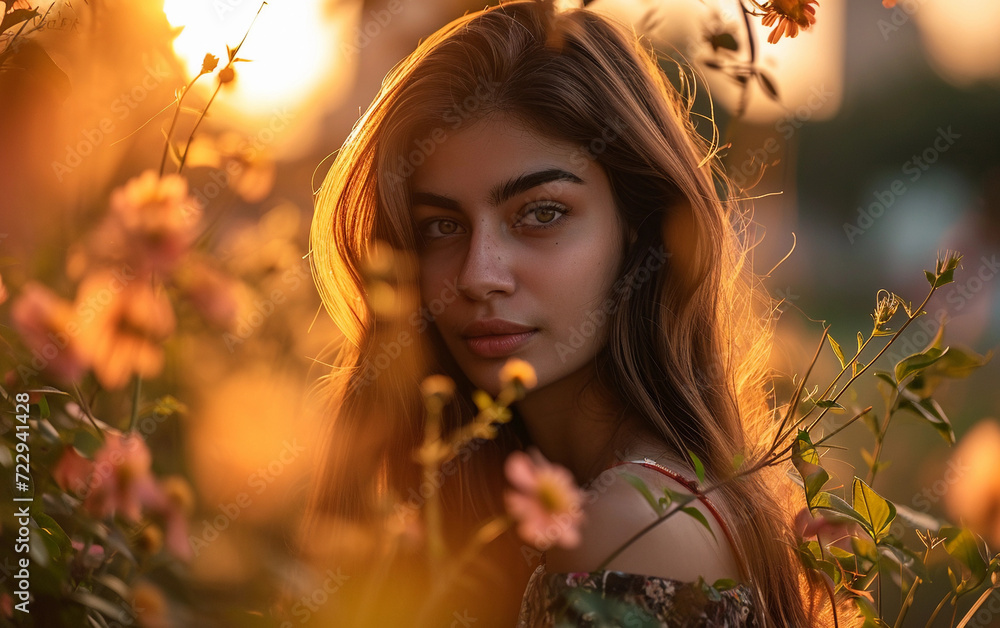 Naklejka premium Young Woman Standing in a Colorful Field of Flowers