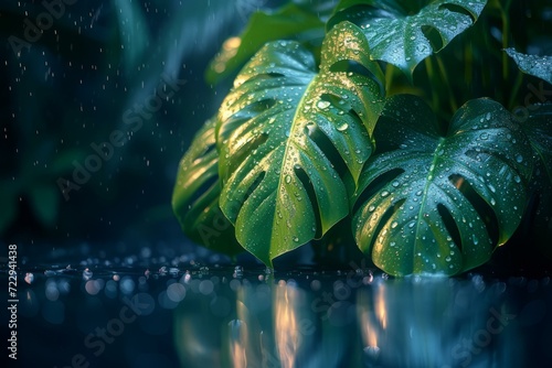 Close-up of a giant leaf with raindrops on it