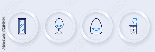 Set line Furniture nightstand with lamp, Pouf, Armchair and Big full length mirror icon. Vector