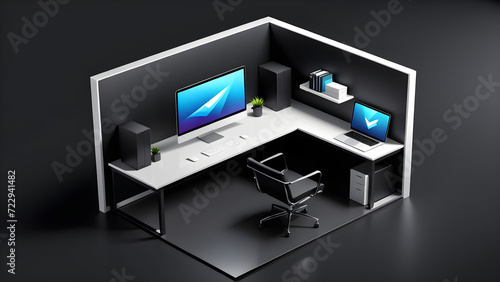 open workspace icon. Workspace with laptop computer screen and office supply on table, Ai generate. isolated on a black background. With black copy space photo