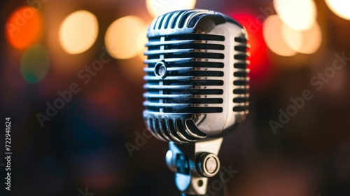 Retro silver microphone on stage with blurred lights in the background