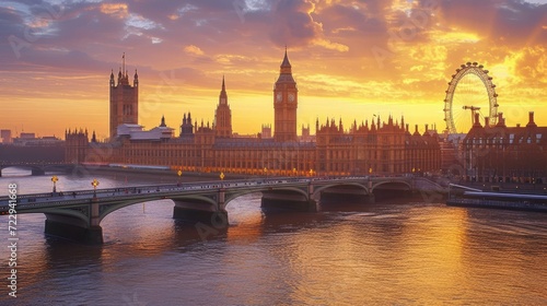London cityscape with the Palace of Westminster and the London Eye at sunset