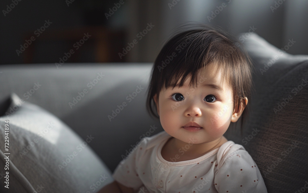 Little Girl Sitting on Couch Looking at Camera Little Girl Sitting on Couch Looking at Camera