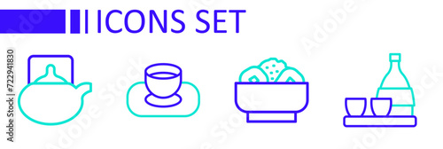 Set line Bottle of sake, Chow mein on plate, Soy sauce bowl and Traditional tea ceremony icon. Vector