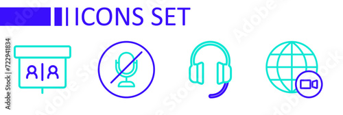 Set line Video chat conference, Headphones, Mute microphone and icon. Vector