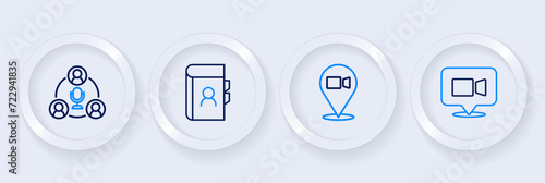 Set line Video chat conference, Phone book and Meeting icon. Vector