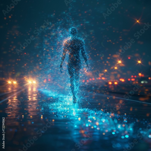 Blue digital person walking on the road with bokeh lights in the background