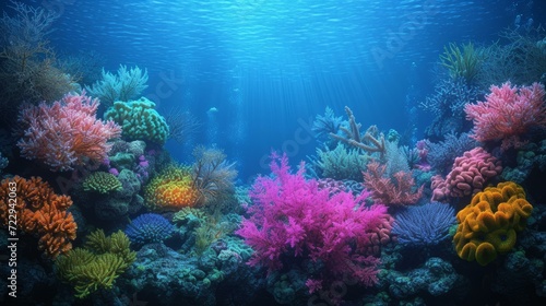 Amazing and colorful coral reef with many different types of coral and fish