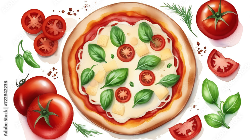 Delicious, yummy pizza with ingredients for pizza on white background, illustration Delicious, yummy pizza with ingredients for pizza on white background, illustration