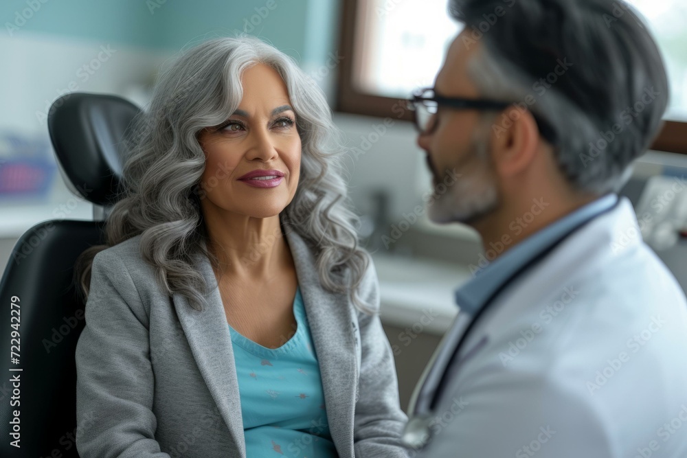A gray-haired elderly woman is sitting in a dentist's chair talking to a male doctor A gray-haired elderly woman is sitting in a dentist's chair talking to a male doctor