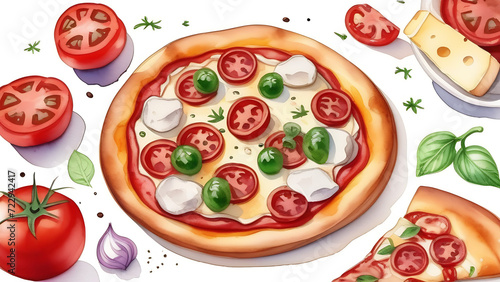 Delicious, yummy pizza with ingredients for pizza on white background, illustration 
