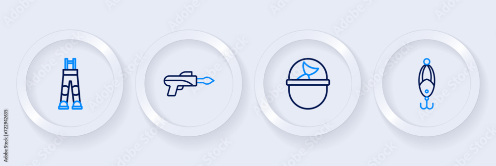 Set line Fishing lure, bucket with fish, hook and Fisherman pants icon. Vector Set line Fishing lure, bucket with fish, hook and Fisherman pants icon. Vector