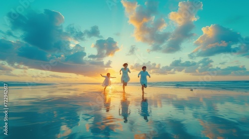 Family running on the beach at sunset