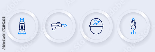 Set line Fishing lure, bucket with fish, hook and Fisherman pants icon. Vector