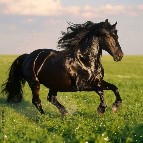 A black horse is running in the green field