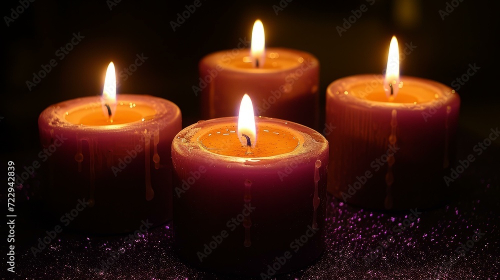 Four purple candles burning brightly in the dark