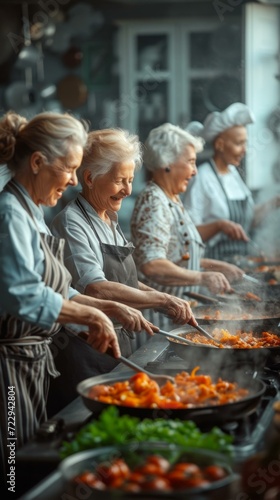 Four elderly women are cooking in a commercial kitchen.