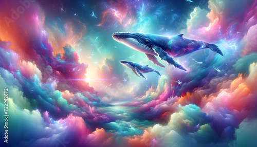 彩雲の中を泳ぐクジラ、壁紙　（AI生成イラスト）