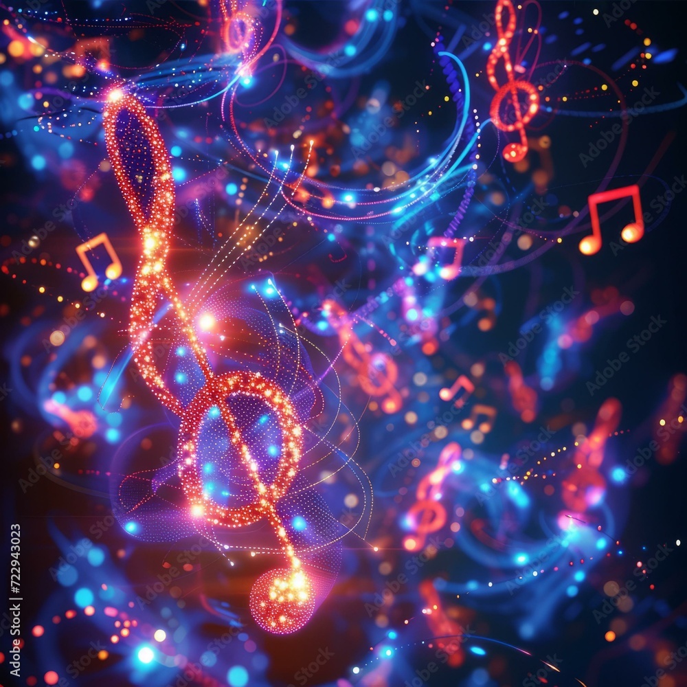 Colorful Glowing Treble Clef And Music Notes On Dark Blue Background Colorful Glowing Treble Clef And Music Notes On Dark Blue Background