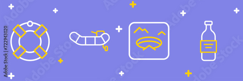 Set line Bottle of vodka, Winter fishing, Inflatable boat with motor and Lifebuoy icon. Vector