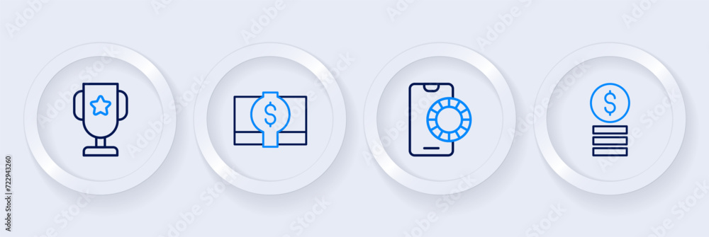 Set line Casino chip with dollar, Online sports betting, Stacks paper money cash and poker trophy cup icon. Vector Set line Casino chip with dollar, Online sports betting, Stacks paper money cash and poker trophy cup icon. Vector