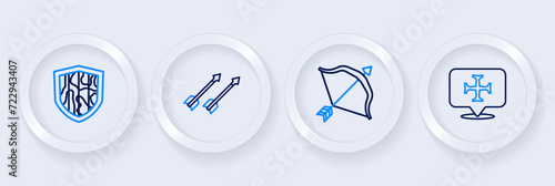 Set line Crusade, Medieval bow and arrow, arrows and Shield icon. Vector