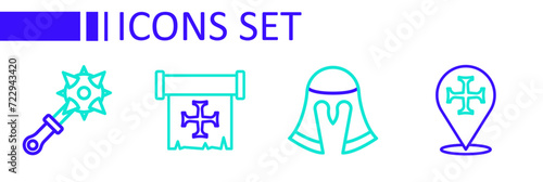 Set line Crusade, Medieval helmet, and Mace with spikes icon. Vector