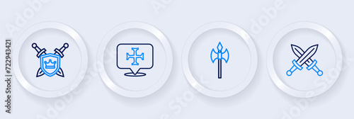 Set line Crossed medieval sword, Medieval axe, Crusade and Shield with swords icon. Vector
