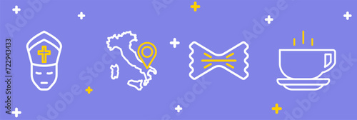 Set line Coffee cup, Macaroni, Map Italy and Pope icon. Vector